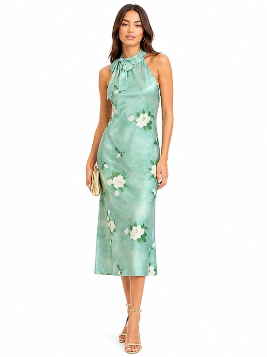 None Dresses & Skirts - Tie-Neck Floral Midi Dress in Mint Green